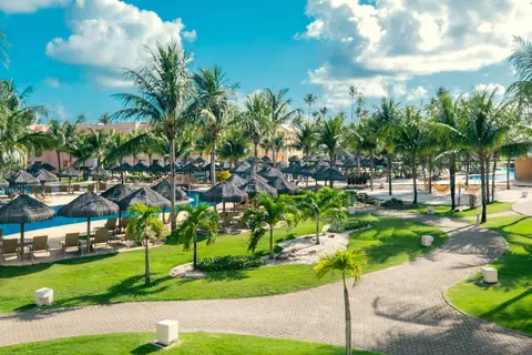 Piscinas com guarda-sóis de palha e espreguiçadeiras entre coqueiros, vistas de uma suíte